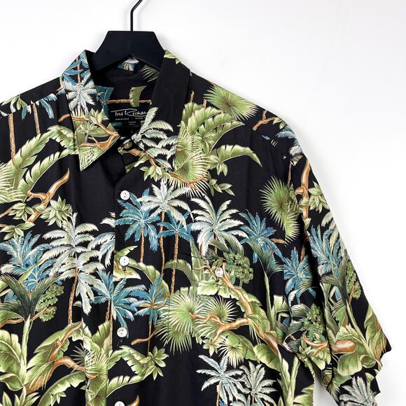 Tori Richard Mens Large Hawaiian Shirt Button Down Palm Trees Black Green - Picture 2 of 9